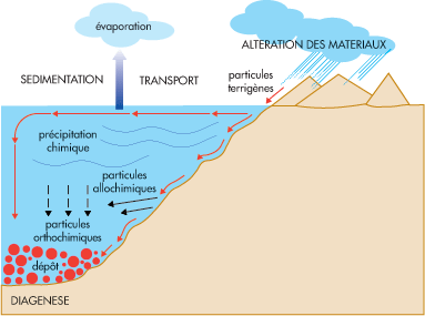 Les quatre processus de formation des roches sédimentaires.
